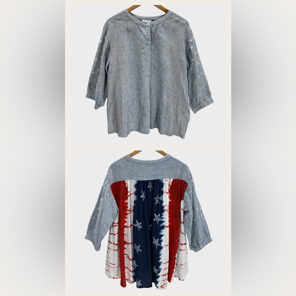 John Mark Patriotic Tie Dye Relaxed Tunic Top Flag Print Mixed Media Linen Blend